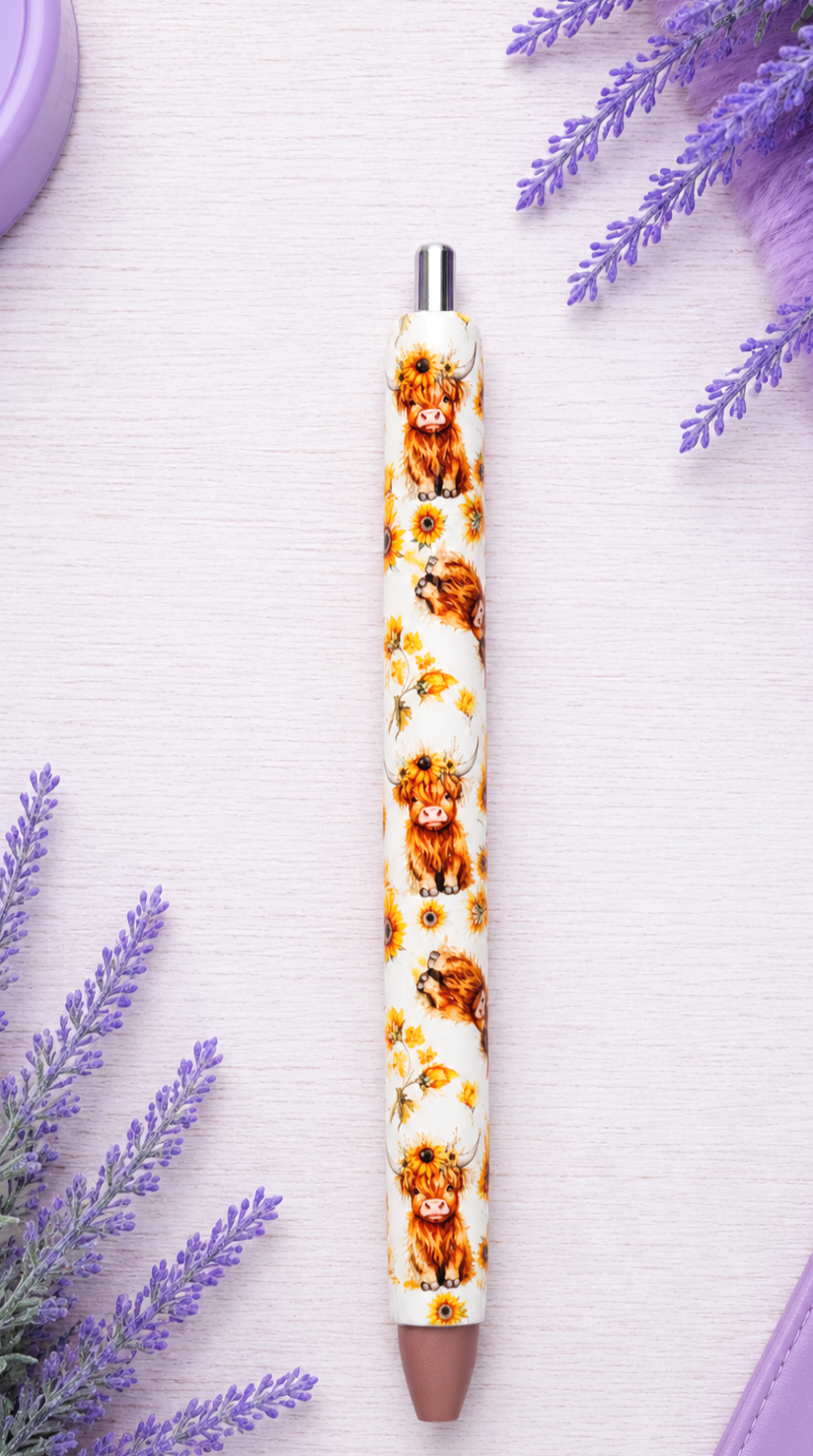 Handmade Fall Highland Cows glitter pen with free refill