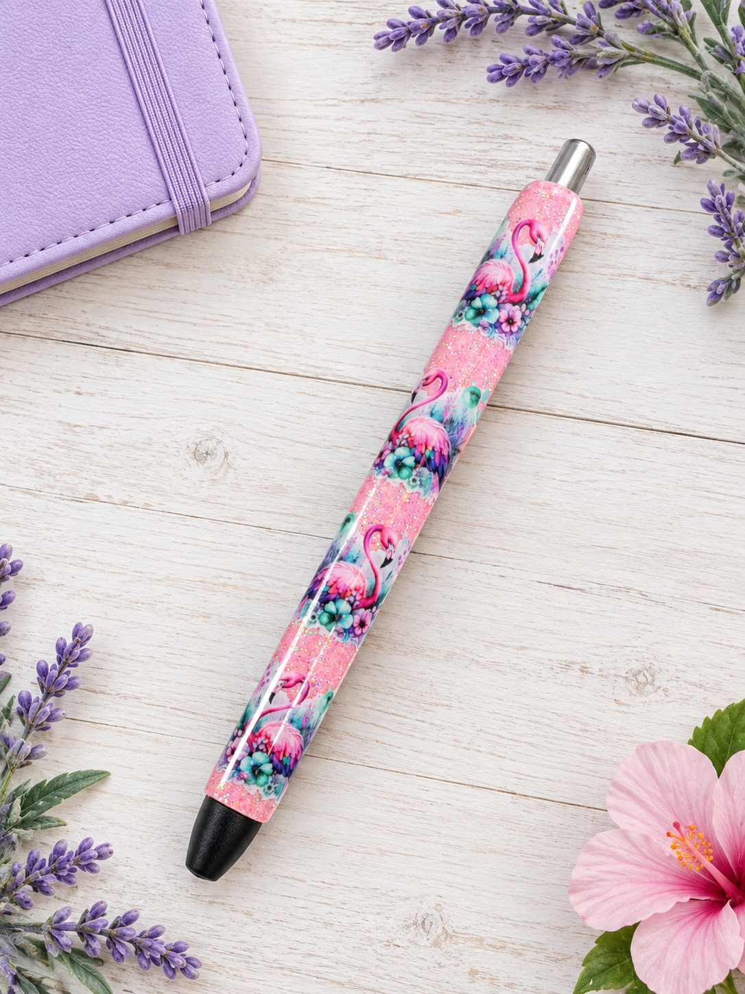 Handmade Swans on Pink glitter pen with free refill
