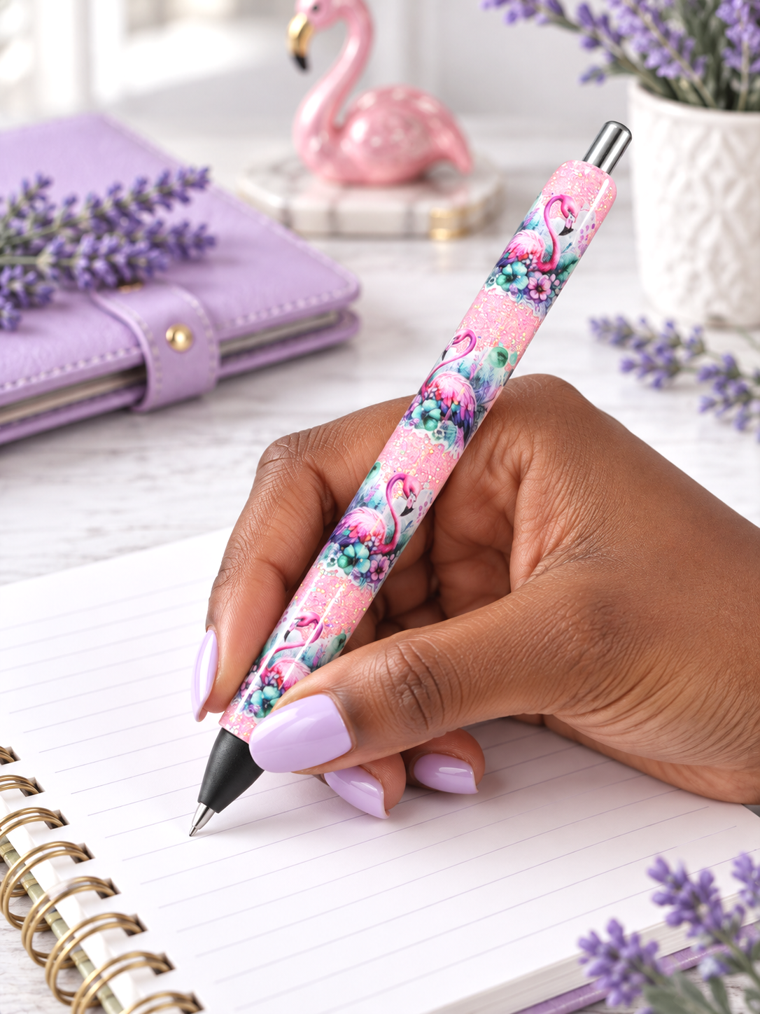 Handmade Swans on Pink glitter pen with free refill