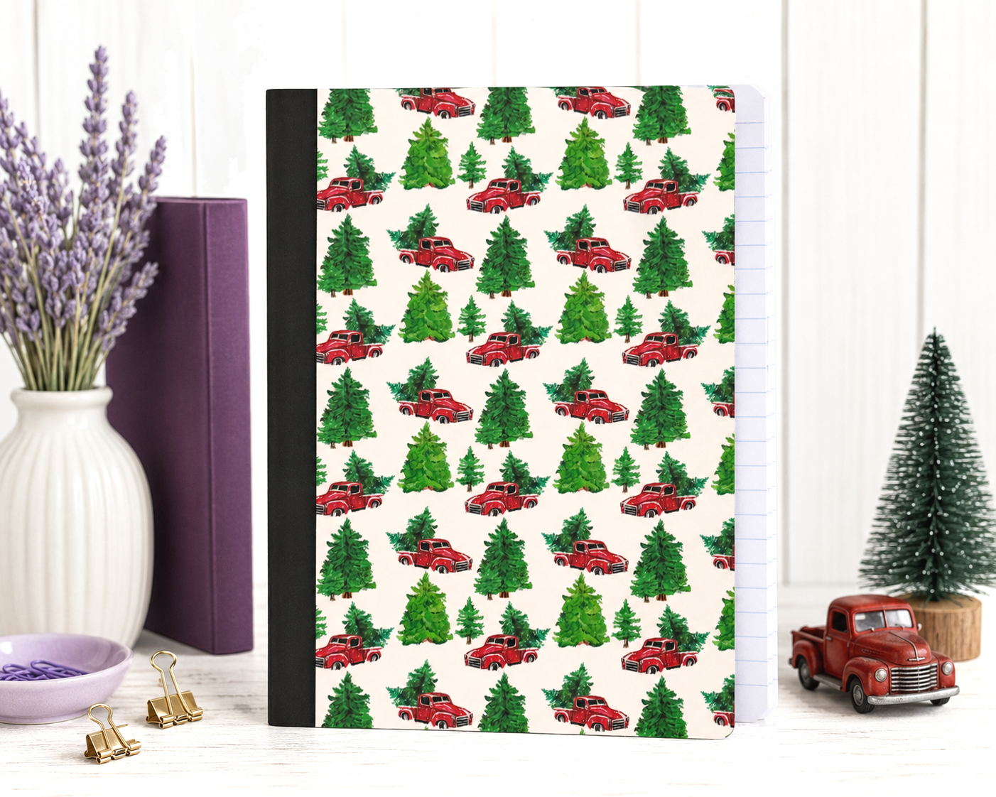 Decorative Vinyl Covered Composition Notebook Christmas Red Trucks