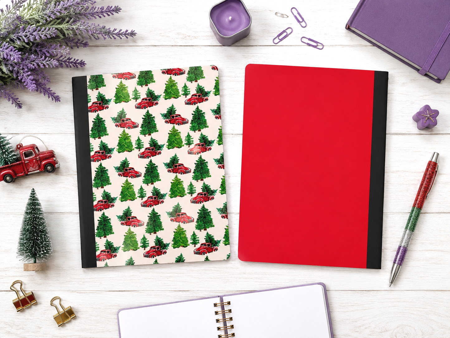 Decorative Vinyl Covered Composition Notebook Christmas Red Trucks