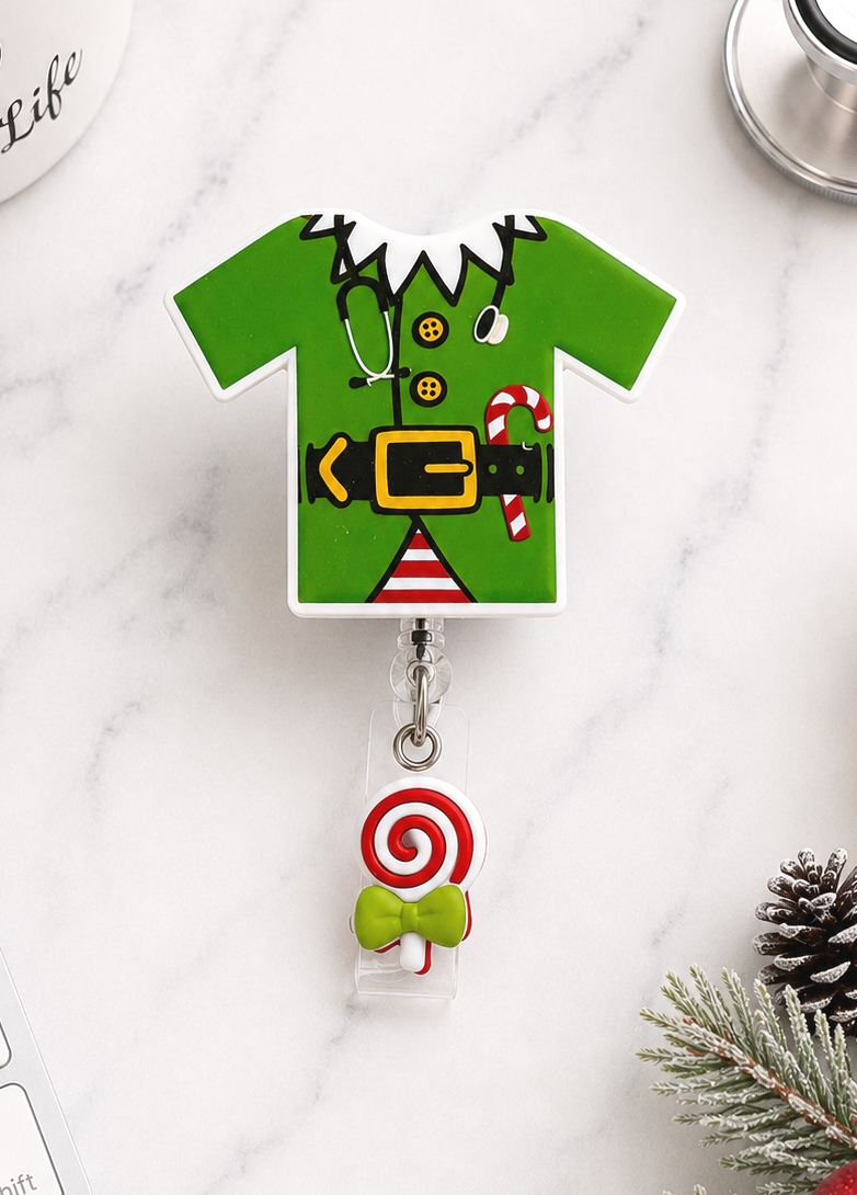 Handmade Elf Scrub Top Badge Reel
