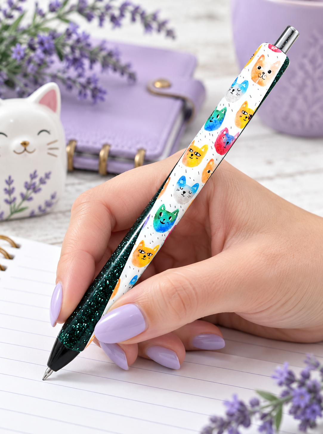 Handmade Watercolor Cats glitter pen with free refill