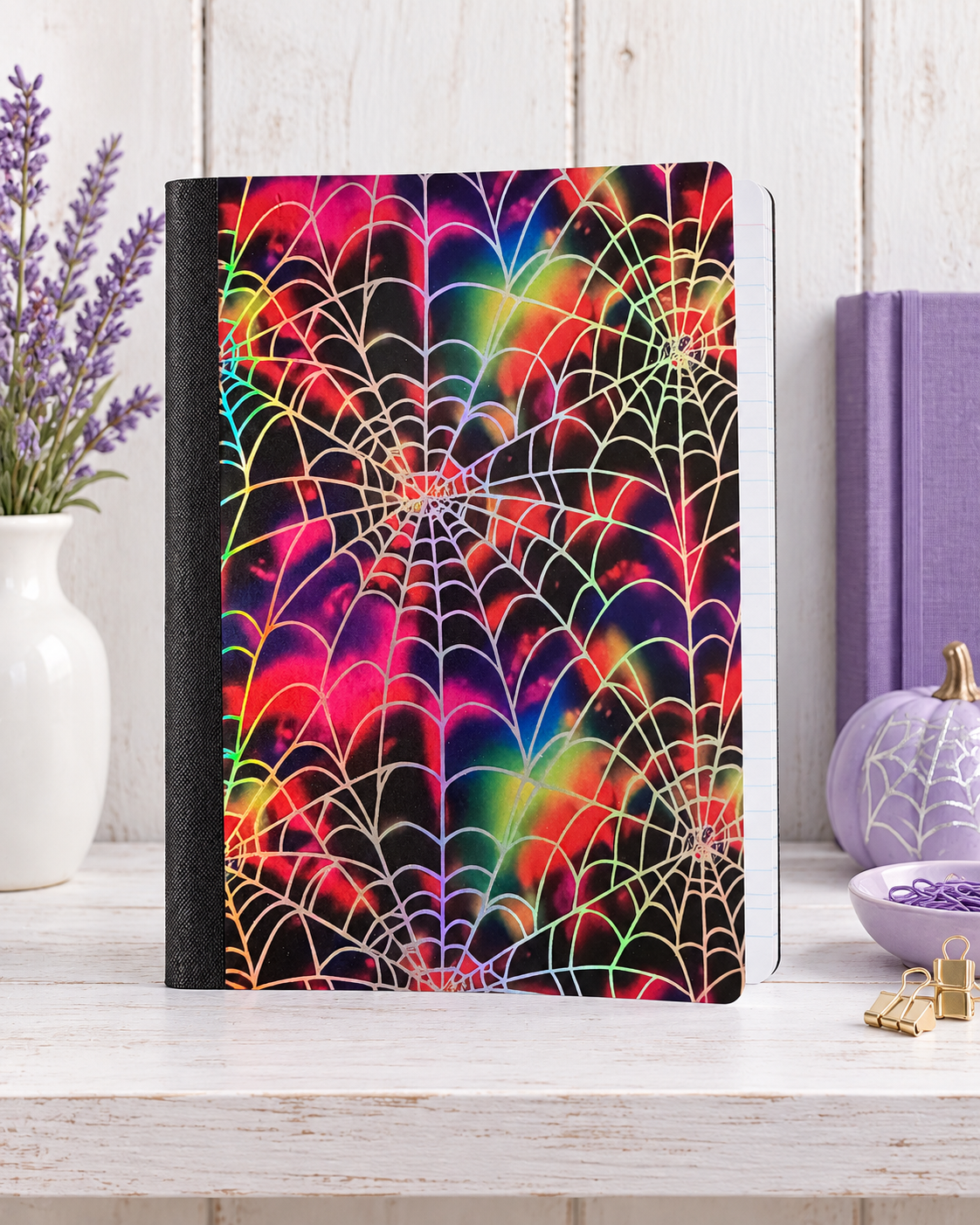 Decorative Vinyl Covered Composition Notebook Holographic Spider Webs