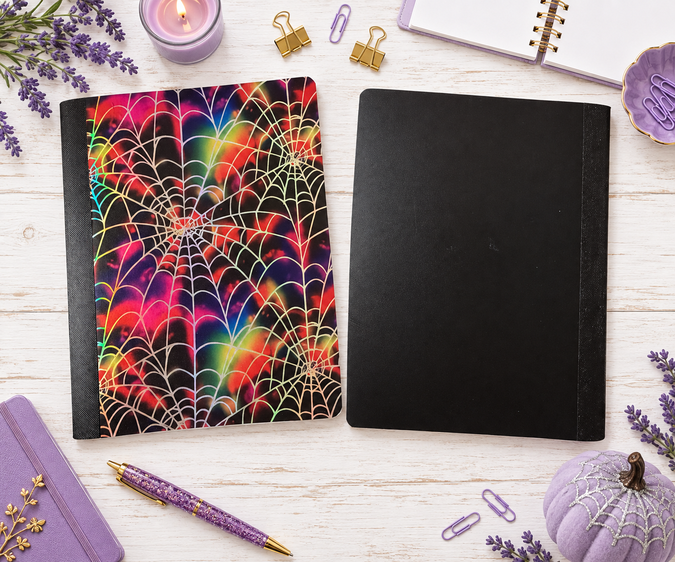 Decorative Vinyl Covered Composition Notebook Holographic Spider Webs