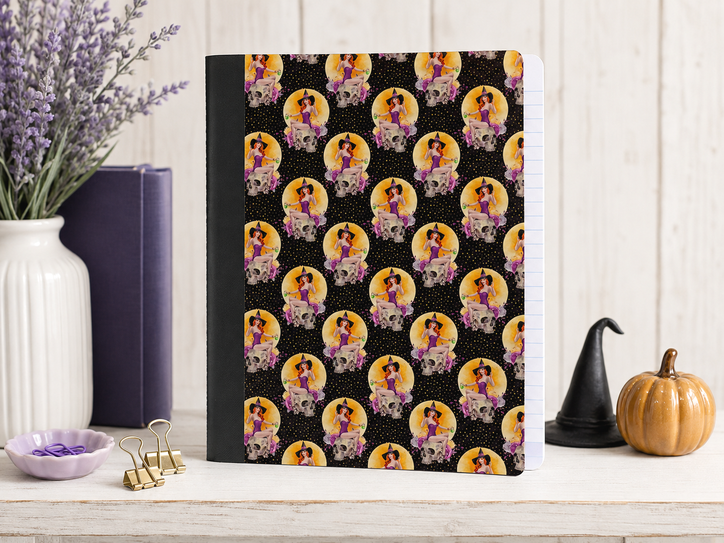 Decorative Vinyl Covered Composition Notebook Witches and Skulls