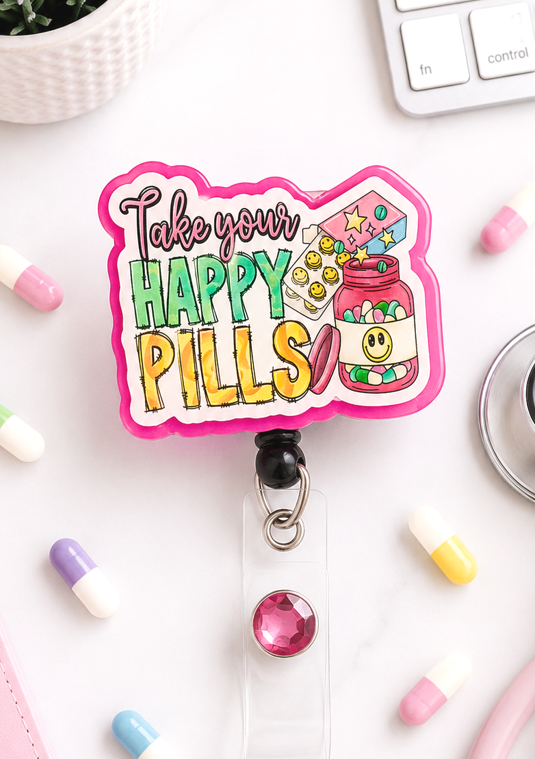 Handmade Happy Pills  Badge Reel