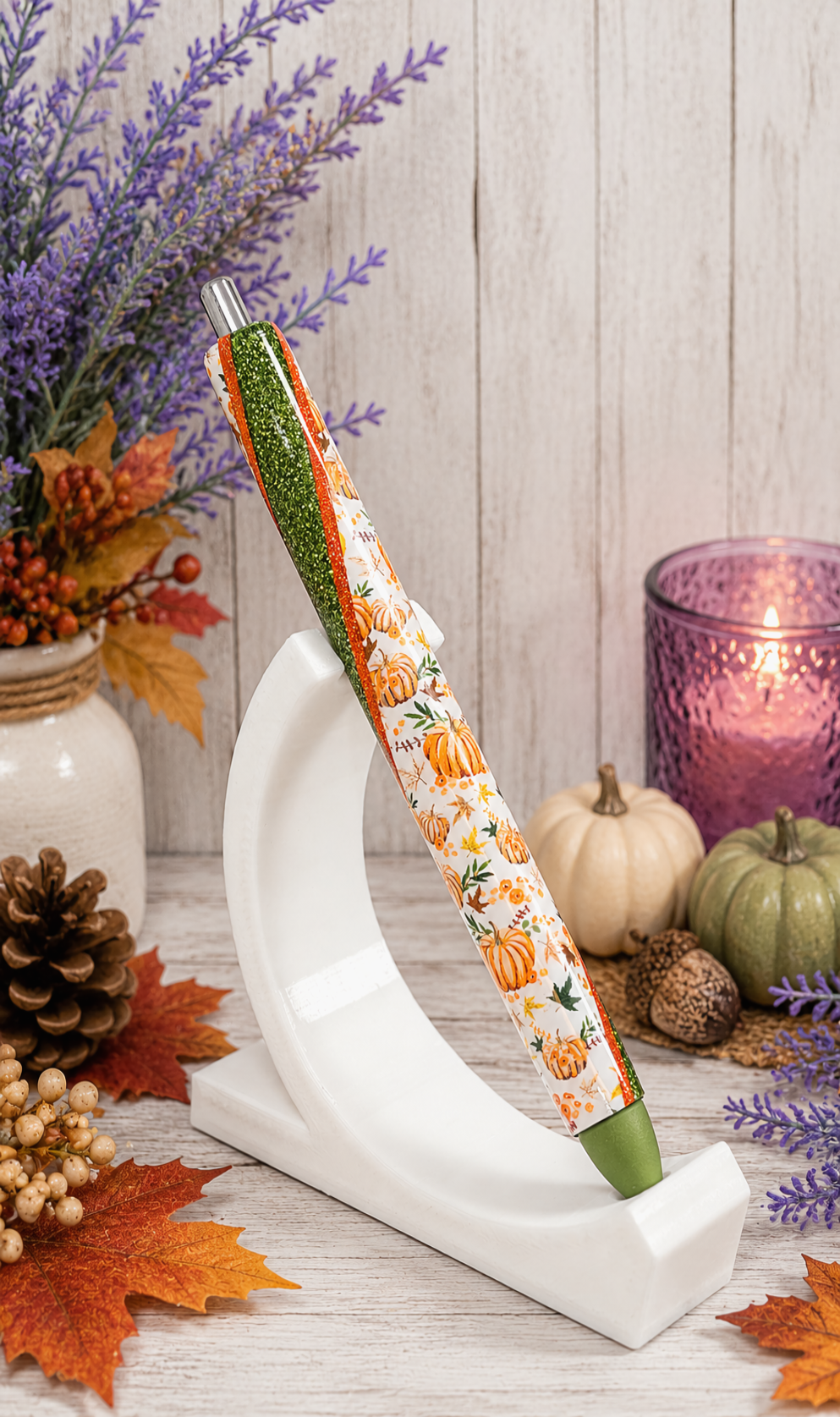 Handmade Autumn Pumpkins on green glitter pen with free refill