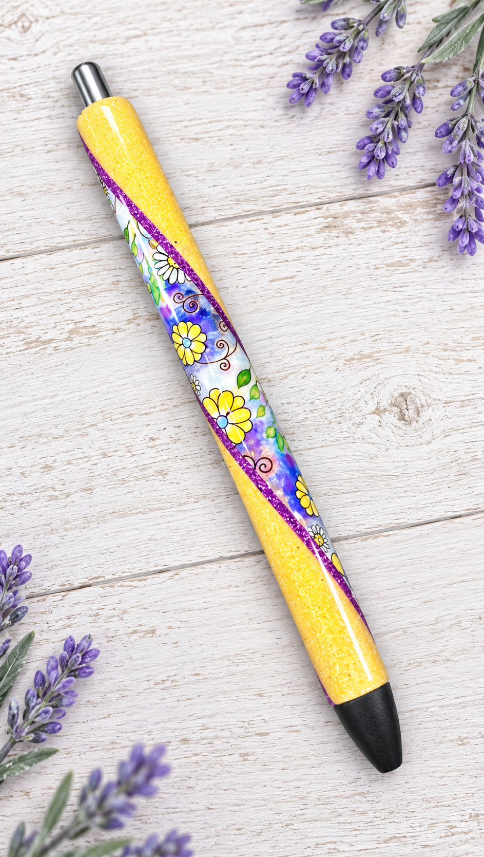 Handmade Retro Flowers around Yellow  glitter pen with free refill