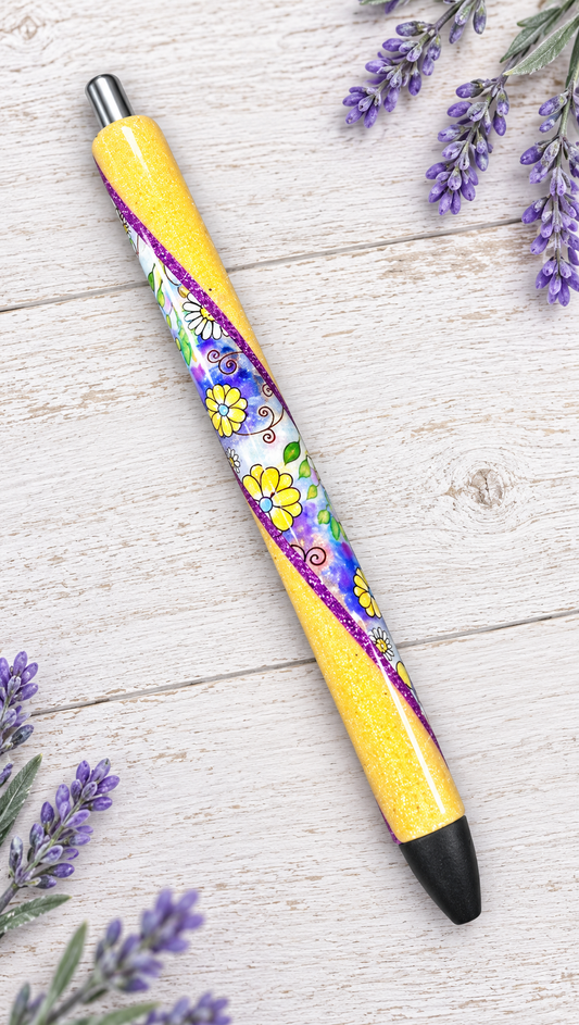 Handmade Retro Flowers around Yellow  glitter pen with free refill