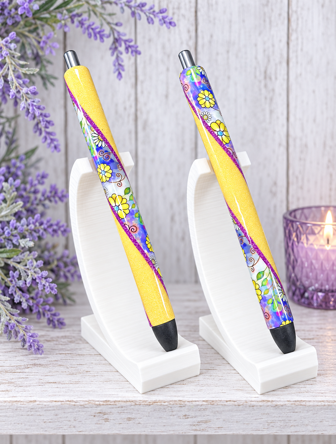 Handmade Retro Flowers around Yellow  glitter pen with free refill