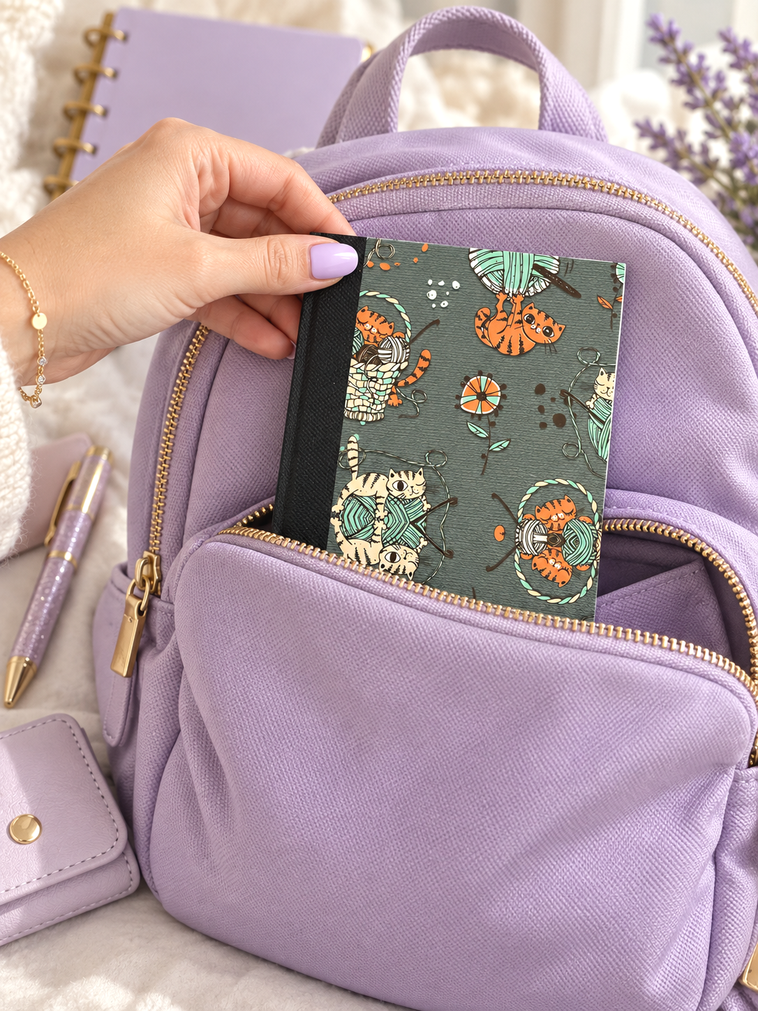 Decorative Vinyl Covered MINIATURE Composition Notebook Cats and Yarn