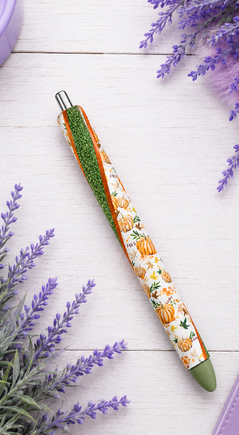Handmade Autumn Pumpkins on green glitter pen with free refill