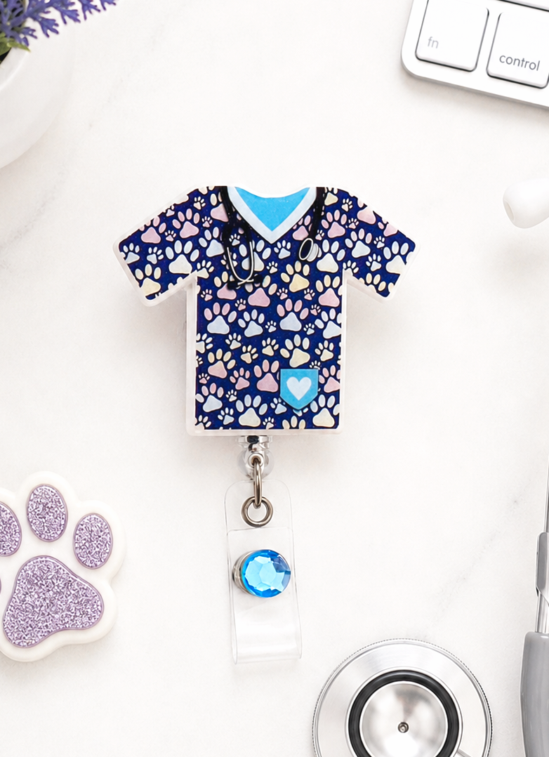 Handmade Dog Paws Scrub Top Badge Reel