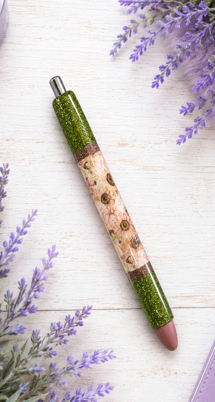 Handmade Fall Sunflowers and Pumpkins  glitter pen with free refill