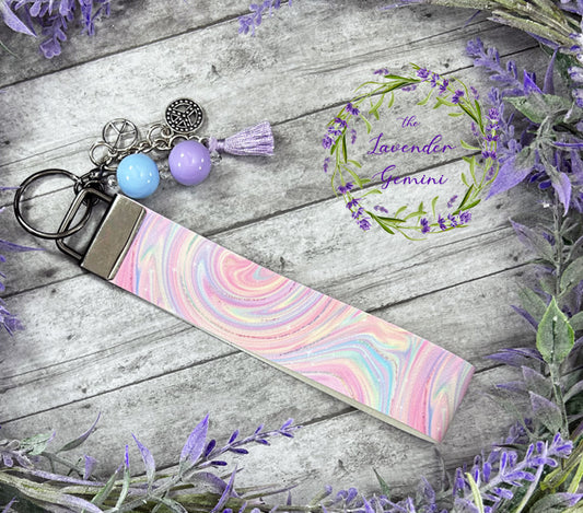 Handmade Rainbow Marble Peace Signs Faux Leather Key Fob Wristlet