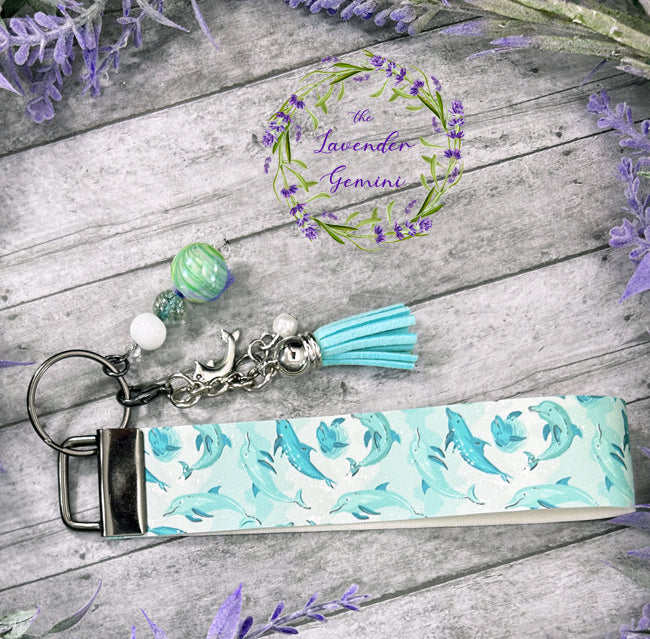 Handmade Dolphins Ocean Faux Leather Key Fob Wristlet