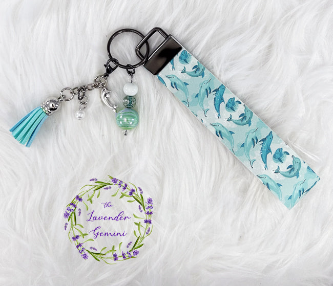 Handmade Dolphins Ocean Faux Leather Key Fob Wristlet