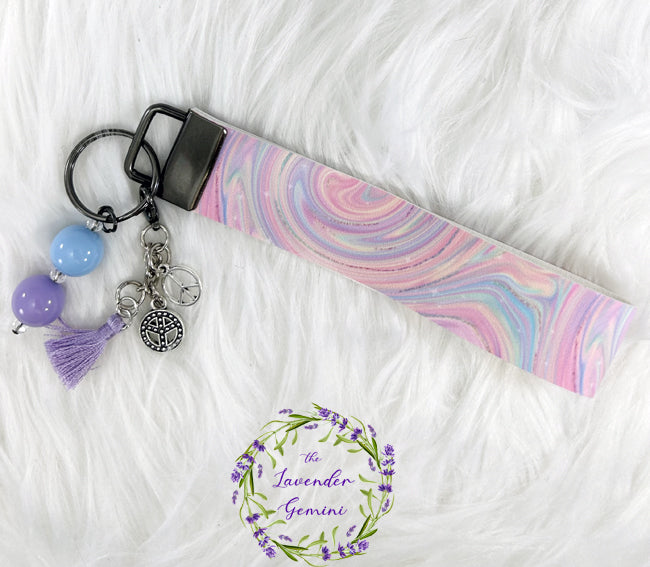 Handmade Rainbow Marble Peace Signs Faux Leather Key Fob Wristlet