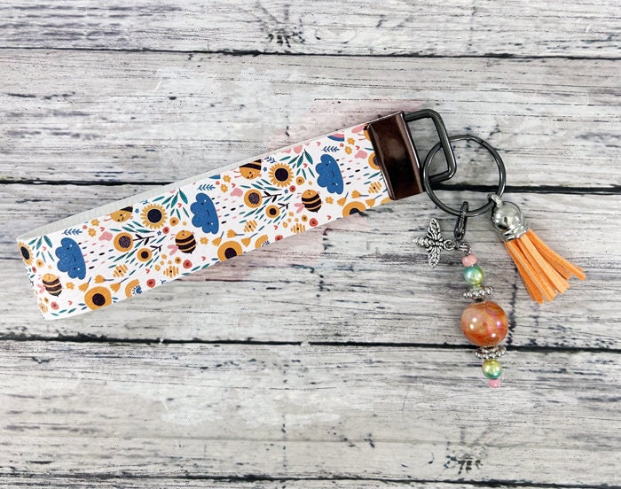 Bees and Flowers Faux Leather Key Fob Wristlet